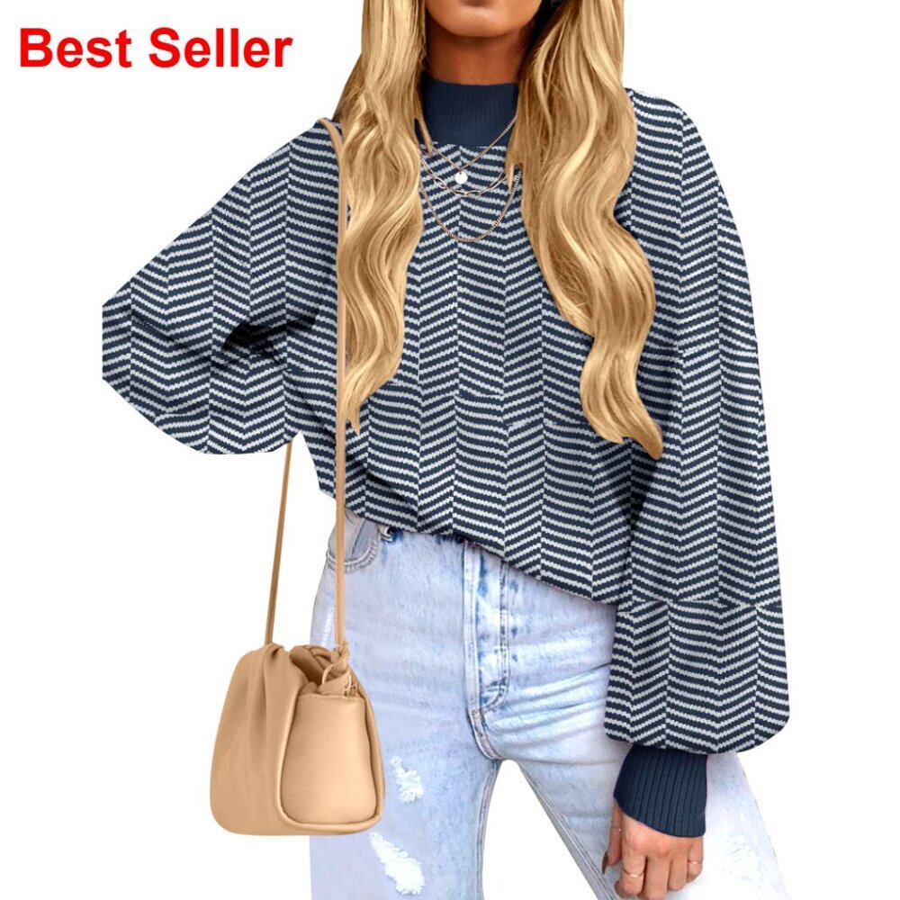 Striped Ribbed Knit Pullover Sweater Turtleneck Long Sleeve Loose Fit